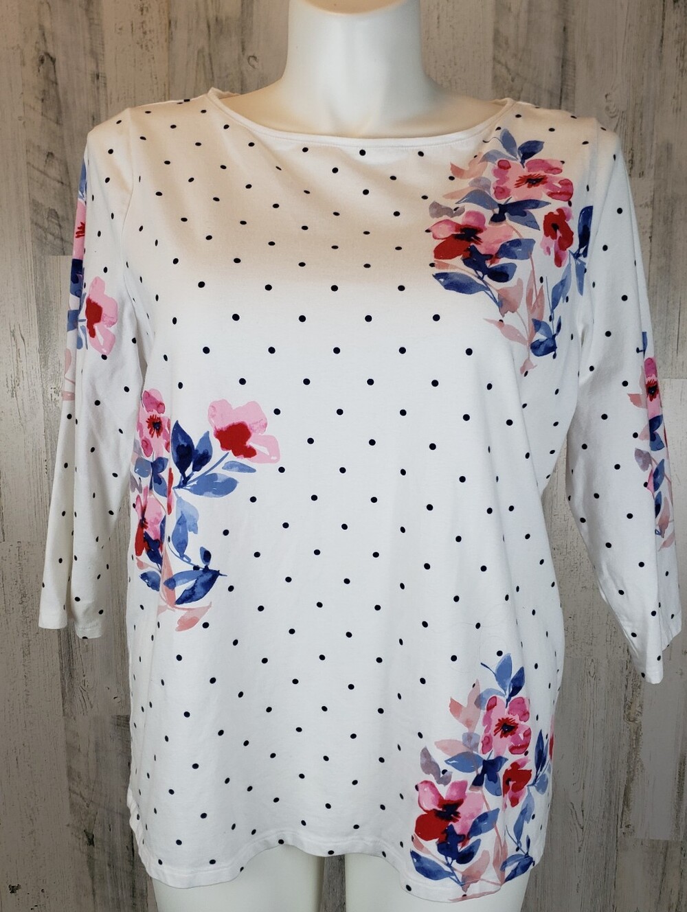 Talbots White Polka Dot Top with Pink & Blue Floral Accents Size 2X